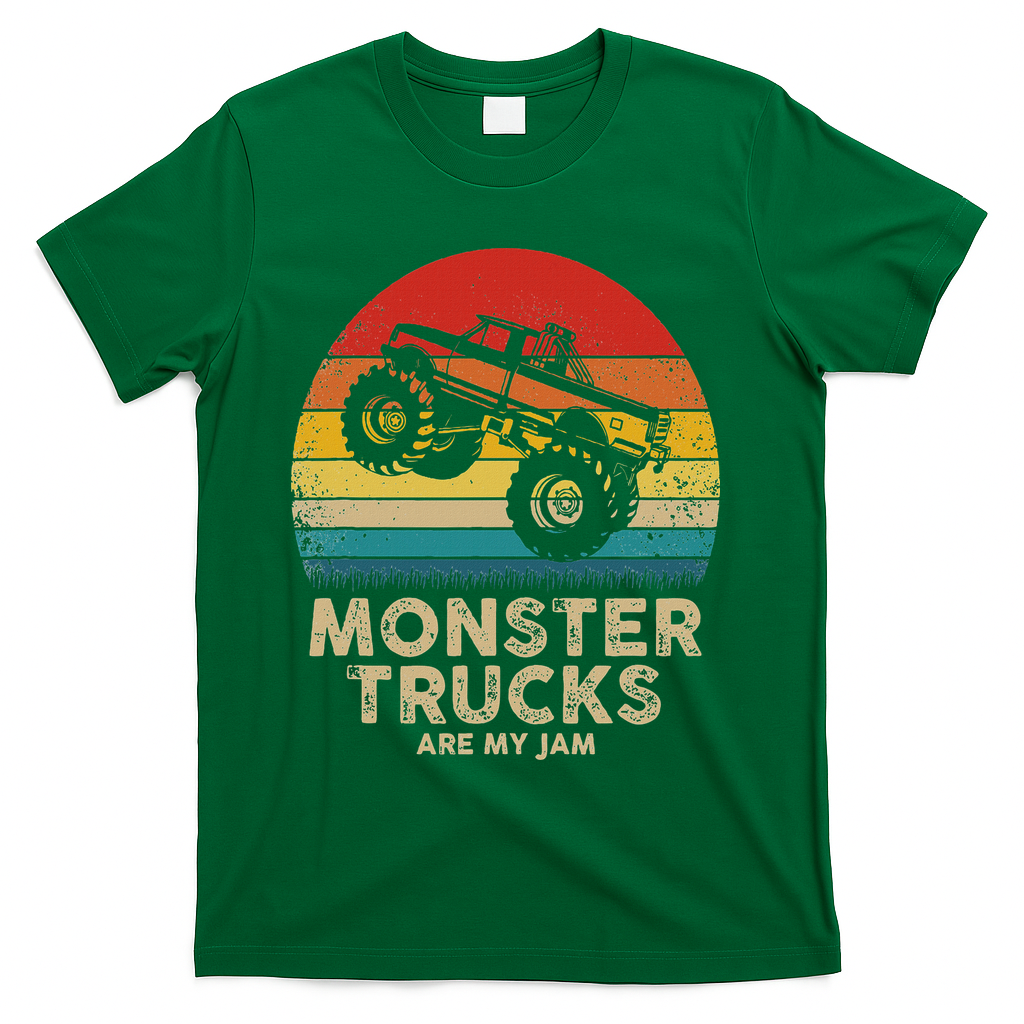 Cool Vintage Monster Truck Are My Jam Retro Sunset T-Shirt - Green