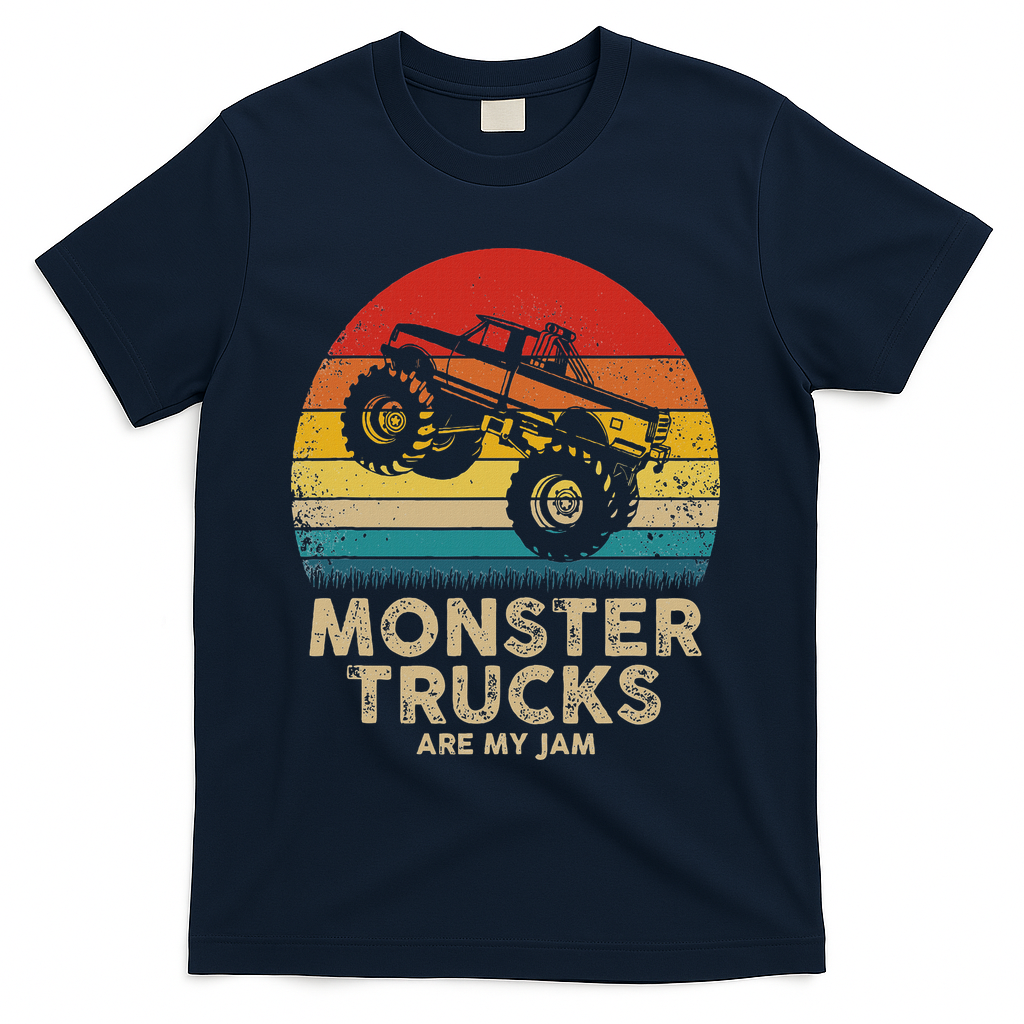 Cool Vintage Monster Truck Are My Jam Retro Sunset T-Shirt - Navy
