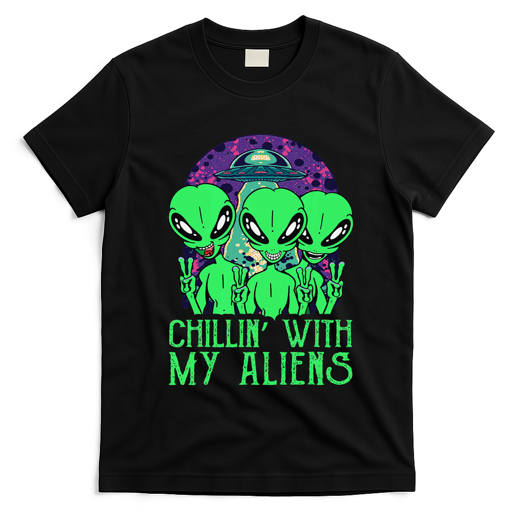 Chillin With My Aliens Group Halloween T-Shirt - Black