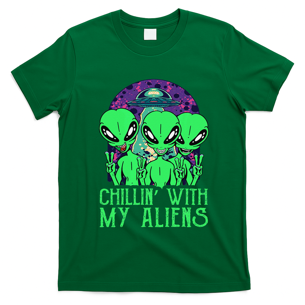 Chillin With My Aliens Group Halloween T-Shirt - Irish Green
