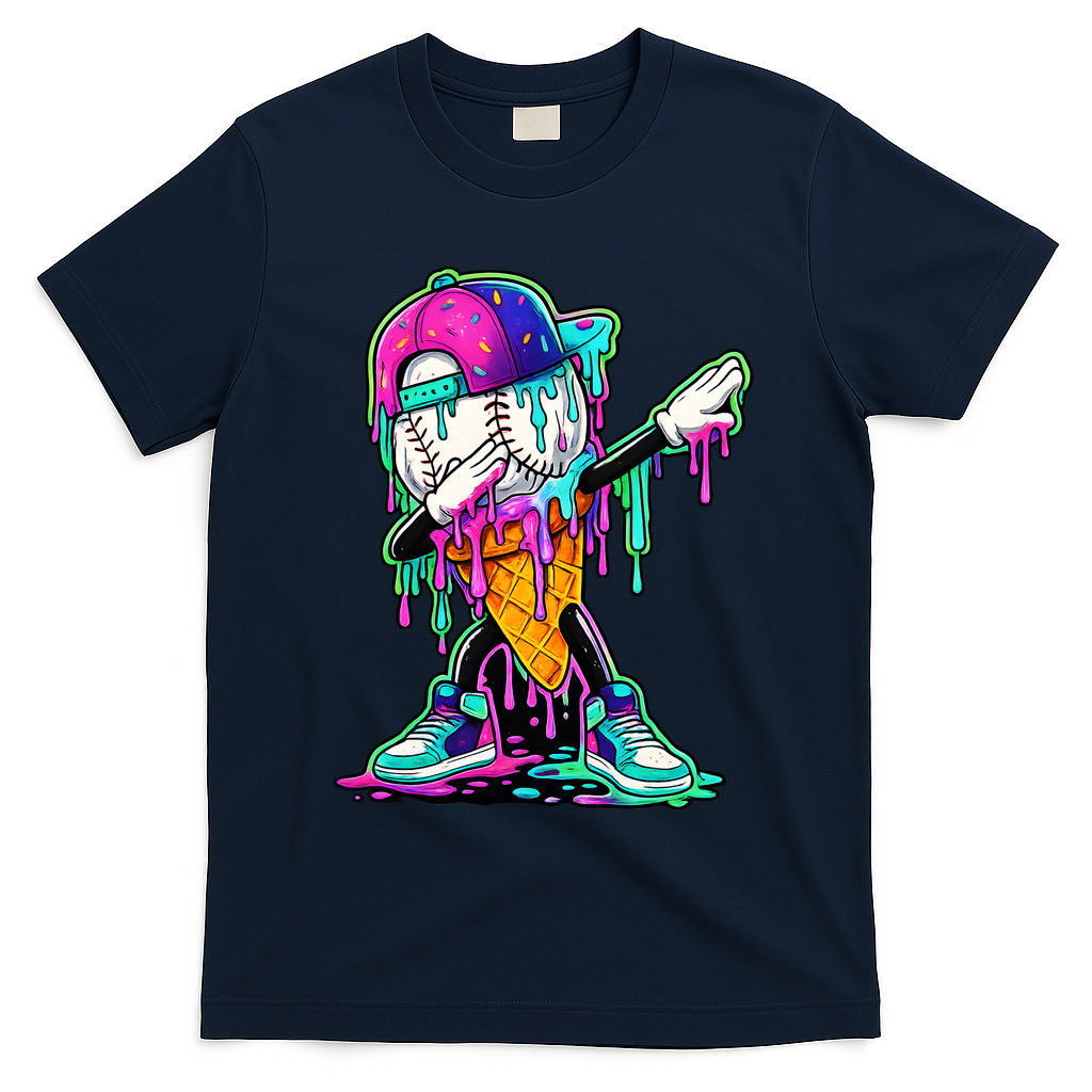 Dripping Baseball Ice Cream Drip Cone T-Shirt - Navy