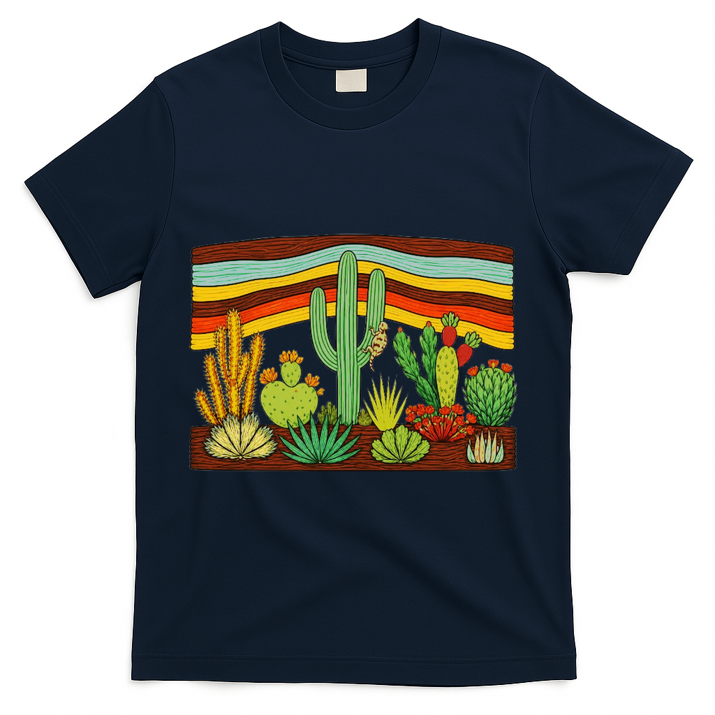 Desert Cactus Western Retro T-Shirt - Navy