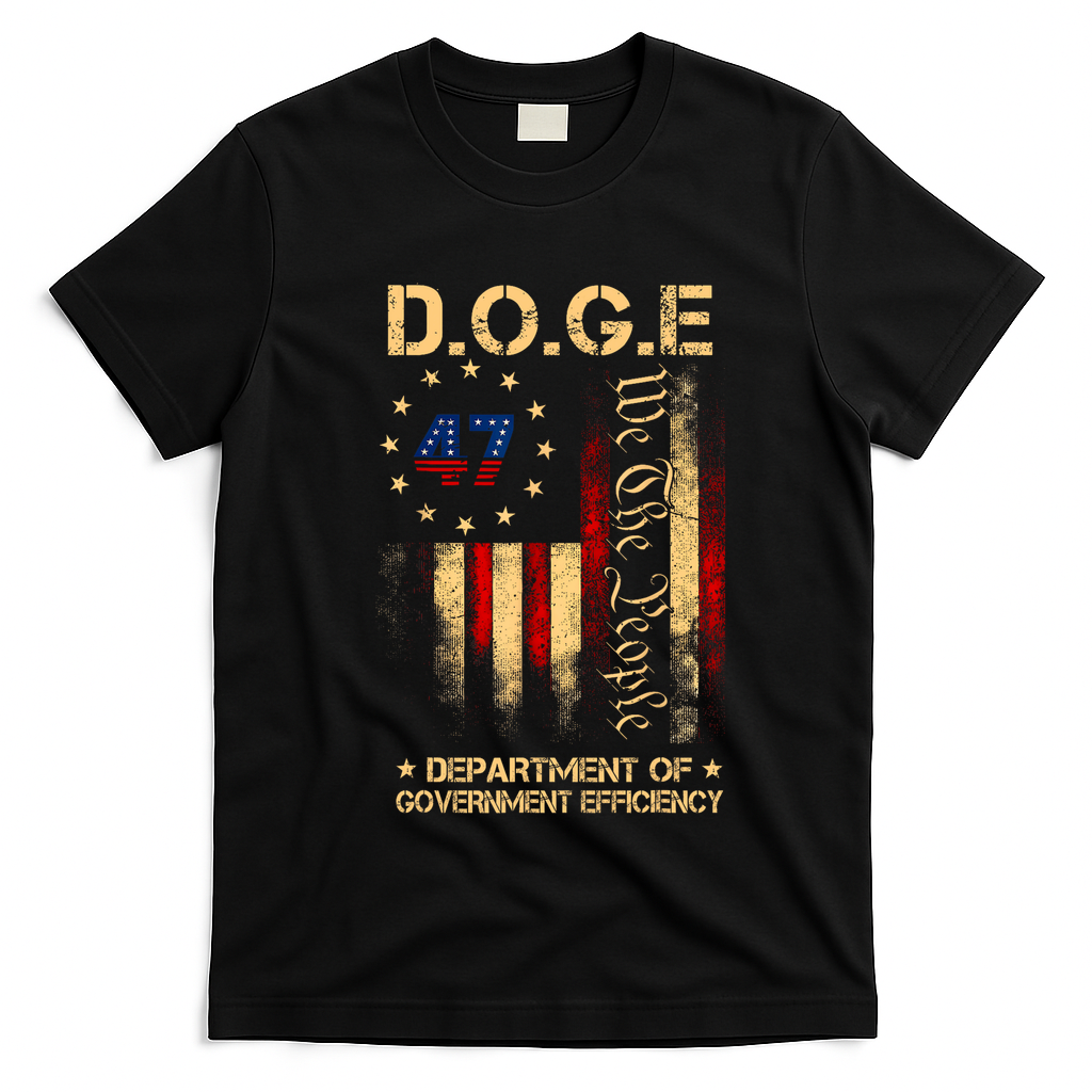 Doge D.O.G.E Department Of Government Efficiency America Flag Design T-Shirt - Black