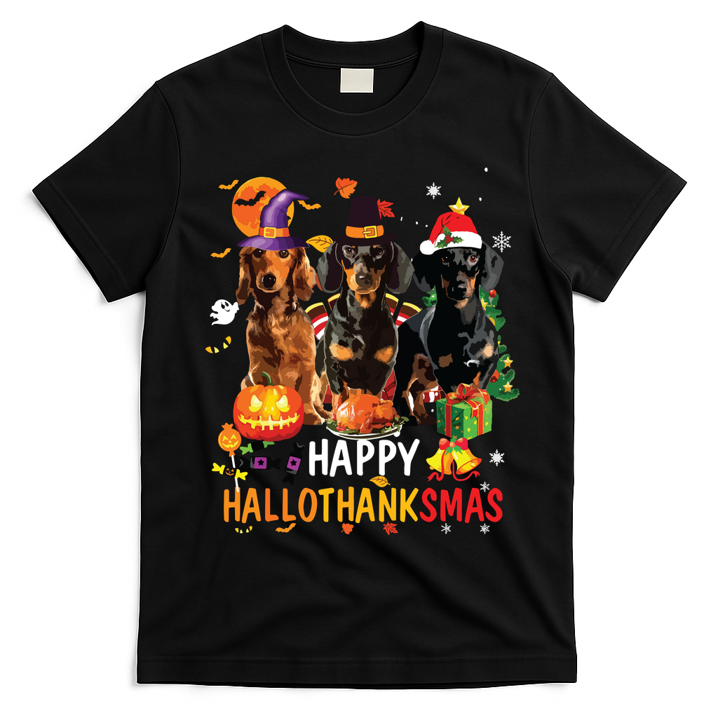 Dachshund Dog Halloween Merry Christmas Happy Hallothanksmas T-Shirt - Black
