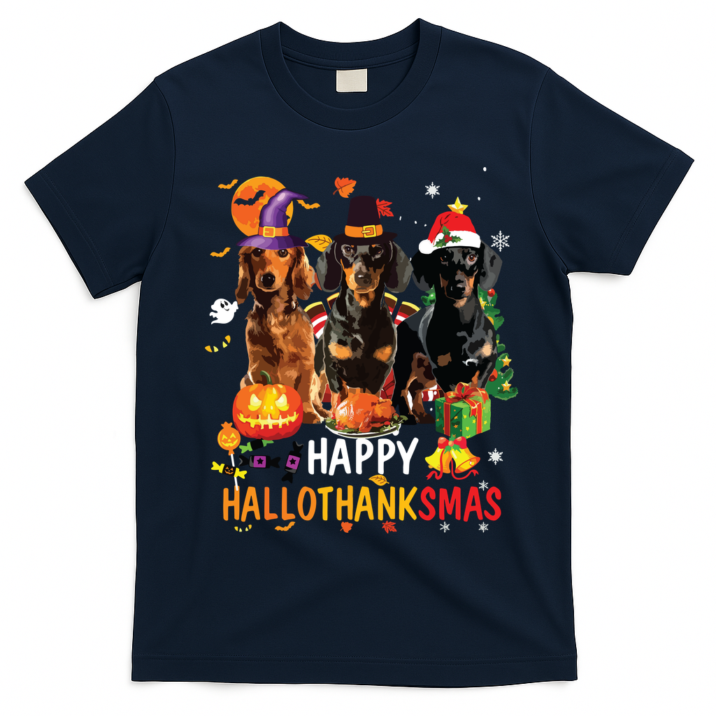 Dachshund Dog Halloween Merry Christmas Happy Hallothanksmas T-Shirt - Navy Blue