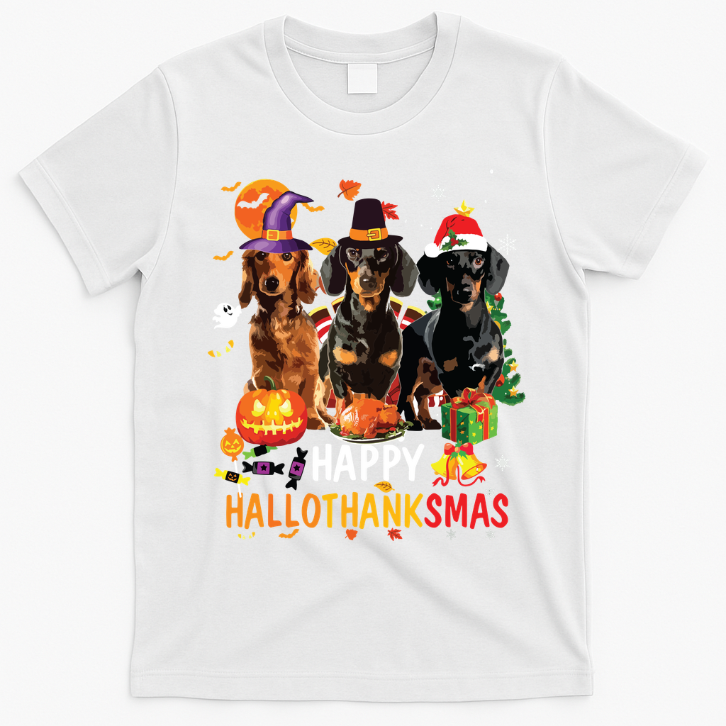 Dachshund Dog Halloween Merry Christmas Happy Hallothanksmas T-Shirt - White