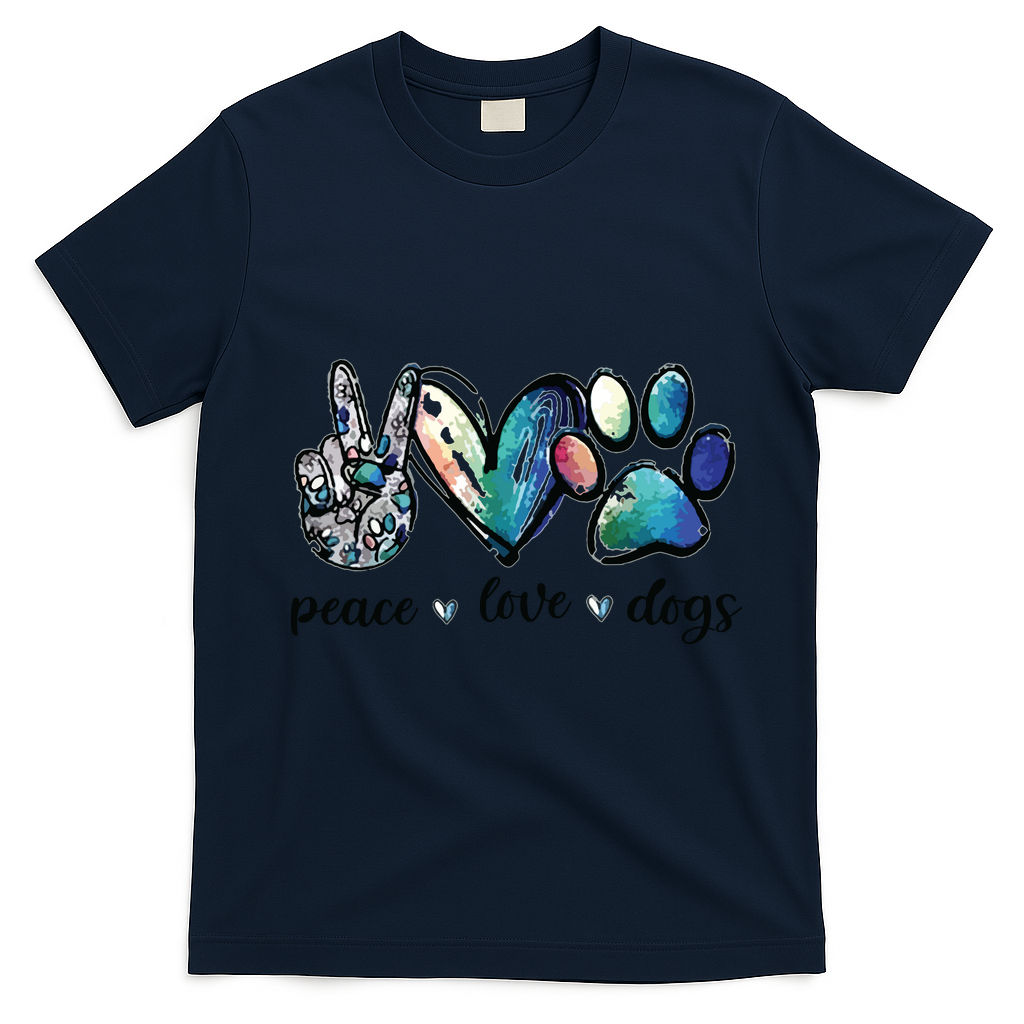 Dog Lover Peace Love Dogs Puppy Paw T-Shirt - Navy Blue