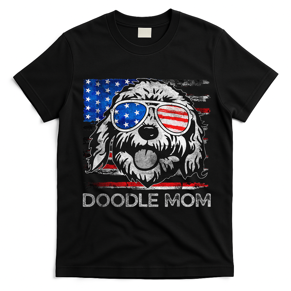 Doodle Mom Vintage American Flag Dog Funny Mothers Day T-Shirt - Black