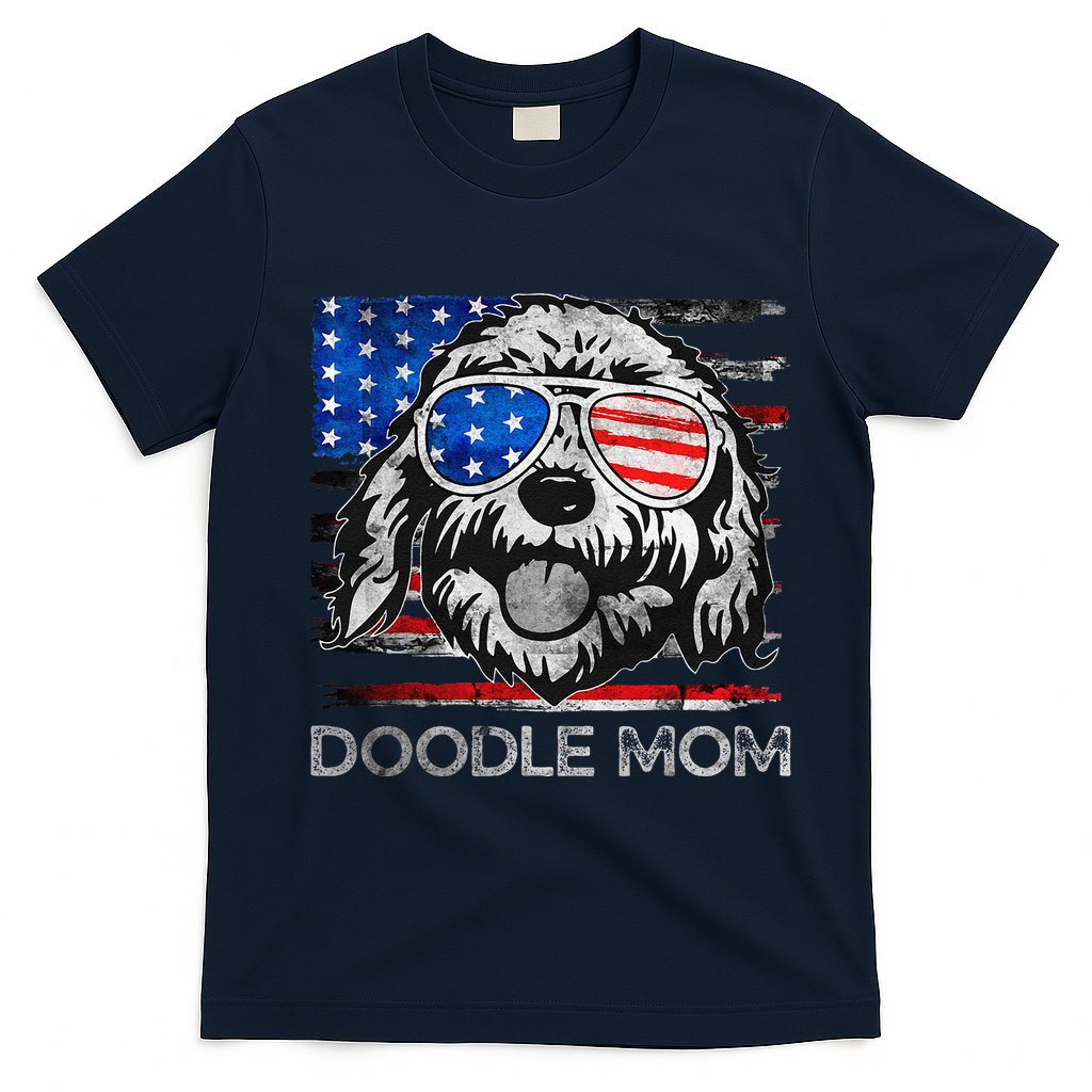 Doodle Mom Vintage American Flag Dog Funny Mothers Day T-Shirt - Navy Blue