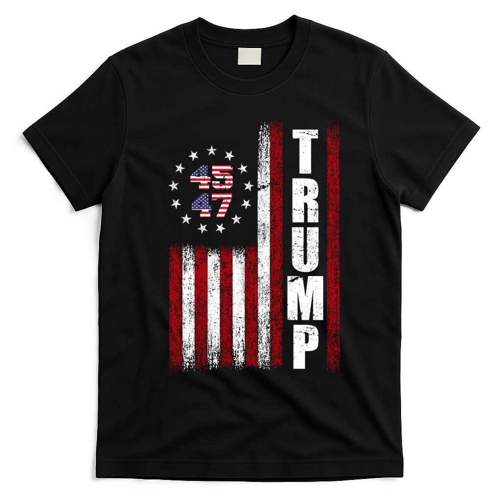 Donald Trump Merchandise 45 47 American Flag T-Shirt - Black