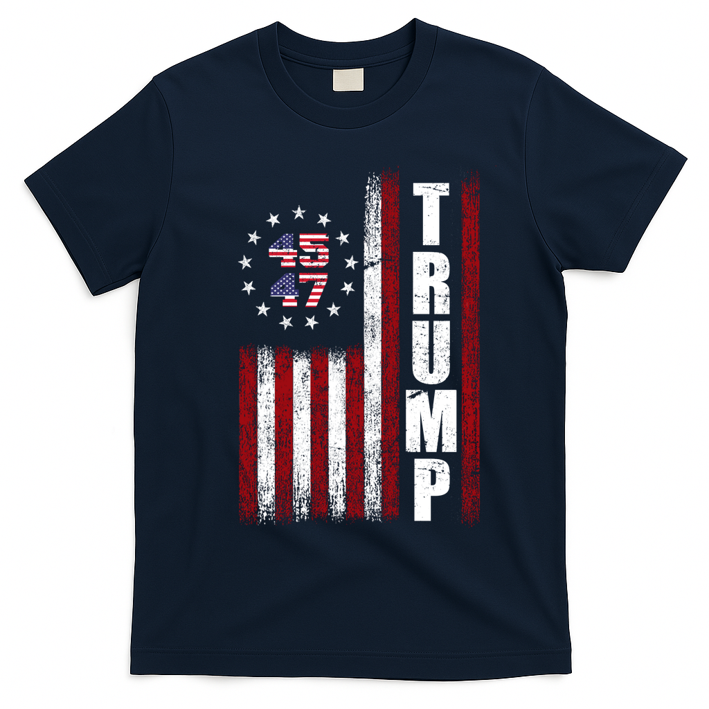 Donald Trump Merchandise 45 47 American Flag T-Shirt - Navy Blue
