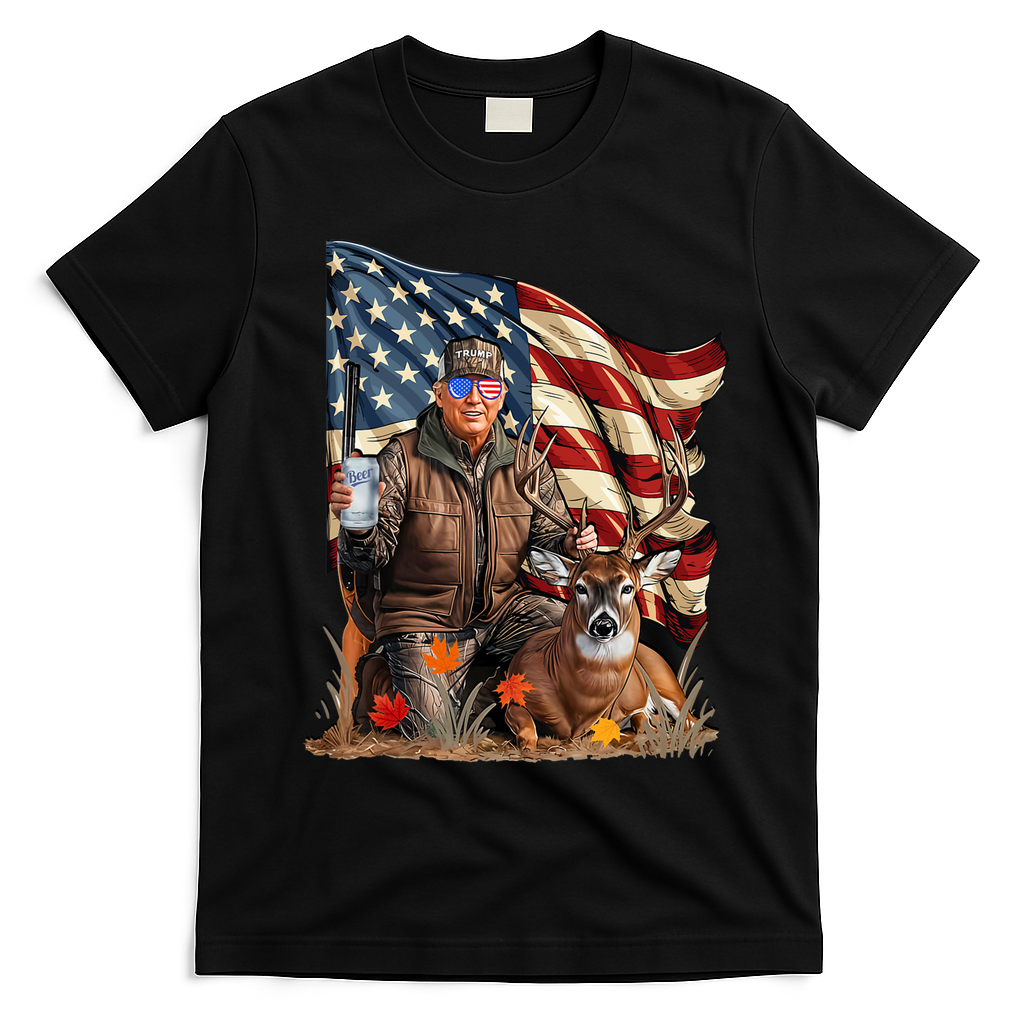 Donald Trump Maga Deer Hunting Parotic American Flag T-Shirt - Black