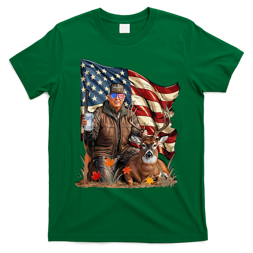 Donald Trump Maga Deer Hunting Parotic American Flag T-Shirt - Irish Green