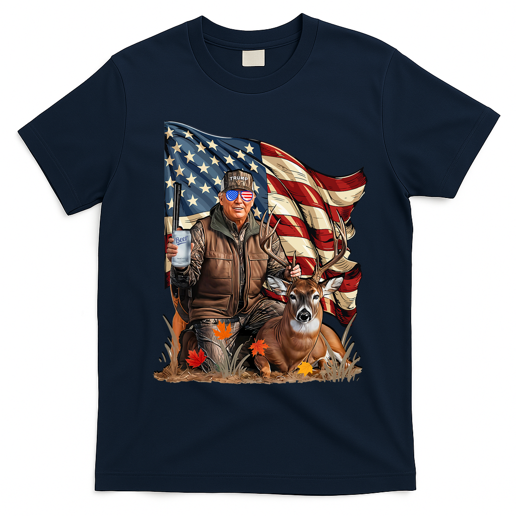 Donald Trump Maga Deer Hunting Parotic American Flag T-Shirt - Navy Blue