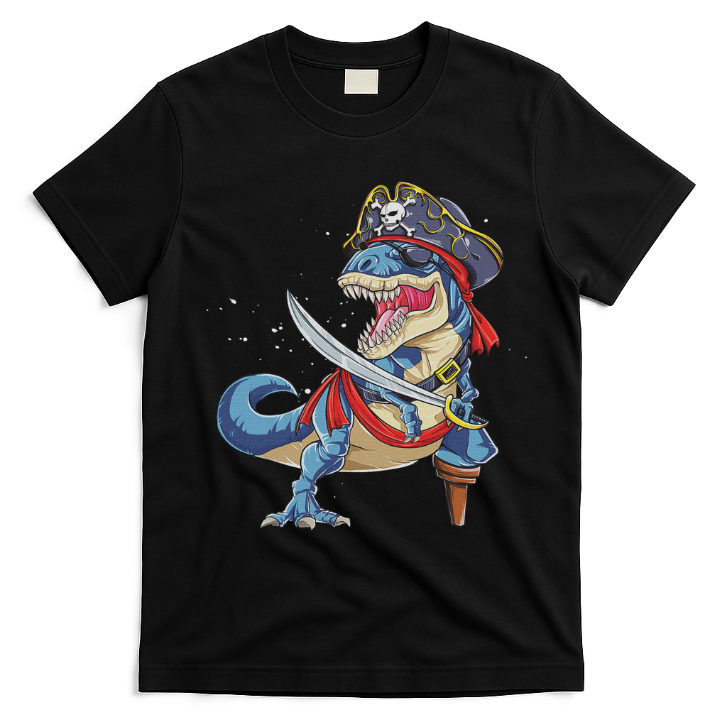 Dinosaur T Rex Pirate Jolly Roger Halloween Funny T-Shirt - Black