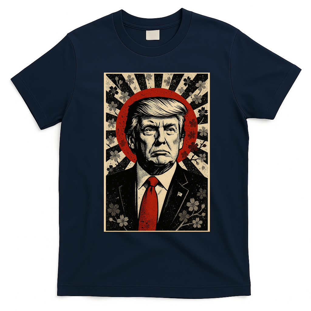 Donald Trump Rising Sun Power Cherry Blossom Propaganda T-Shirt - Navy Blue