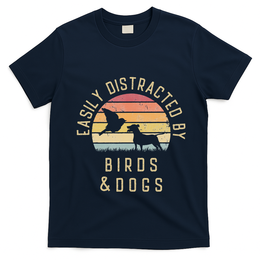 Easily Distracted By Birds And Dogs I Like Heart Bird Dog T-Shirt - Navy Blue