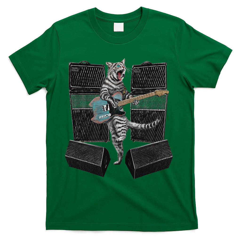 Electric Guitar Cat Amps Monitors Amplified Rockin Kitty T-Shirt - Green