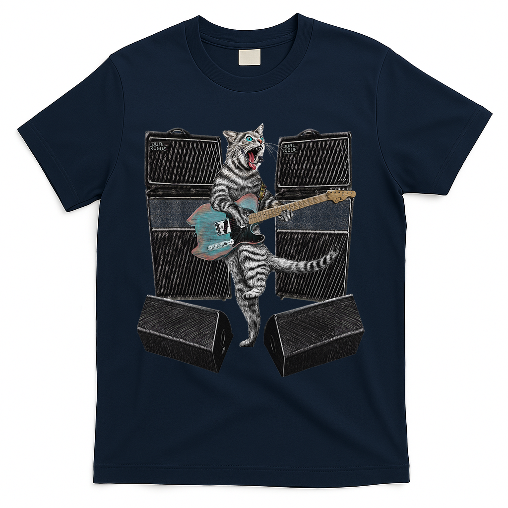 Electric Guitar Cat Amps Monitors Amplified Rockin Kitty T-Shirt - Navy