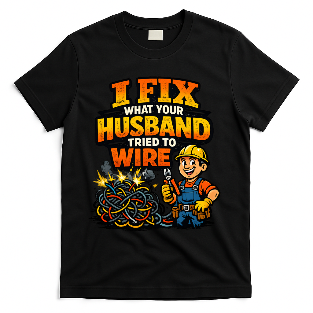 Electrician Humor I Fix What Your Husband Tried To Wire T-Shirt - Black