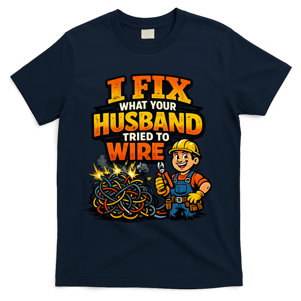 Electrician Humor I Fix What Your Husband Tried To Wire T-Shirt - Navy