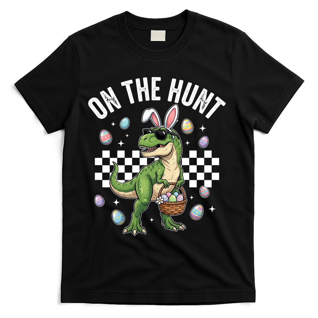 Easter On The Hunt Bunny Ears T-Rex Dinosaur  T-Shirt - Black