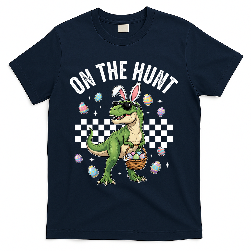 Easter On The Hunt Bunny Ears T-Rex Dinosaur  T-Shirt - Navy