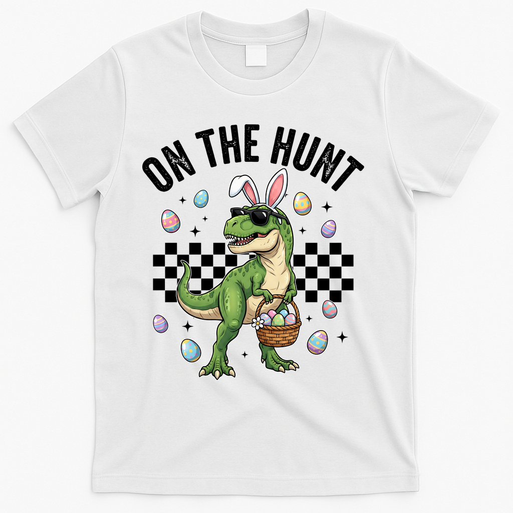 Easter On The Hunt Bunny Ears T-Rex Dinosaur  T-Shirt - White