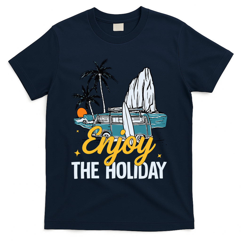 Enjoy The Holiday Summer Beach Palm Hawaiian T-Shirt - Navy