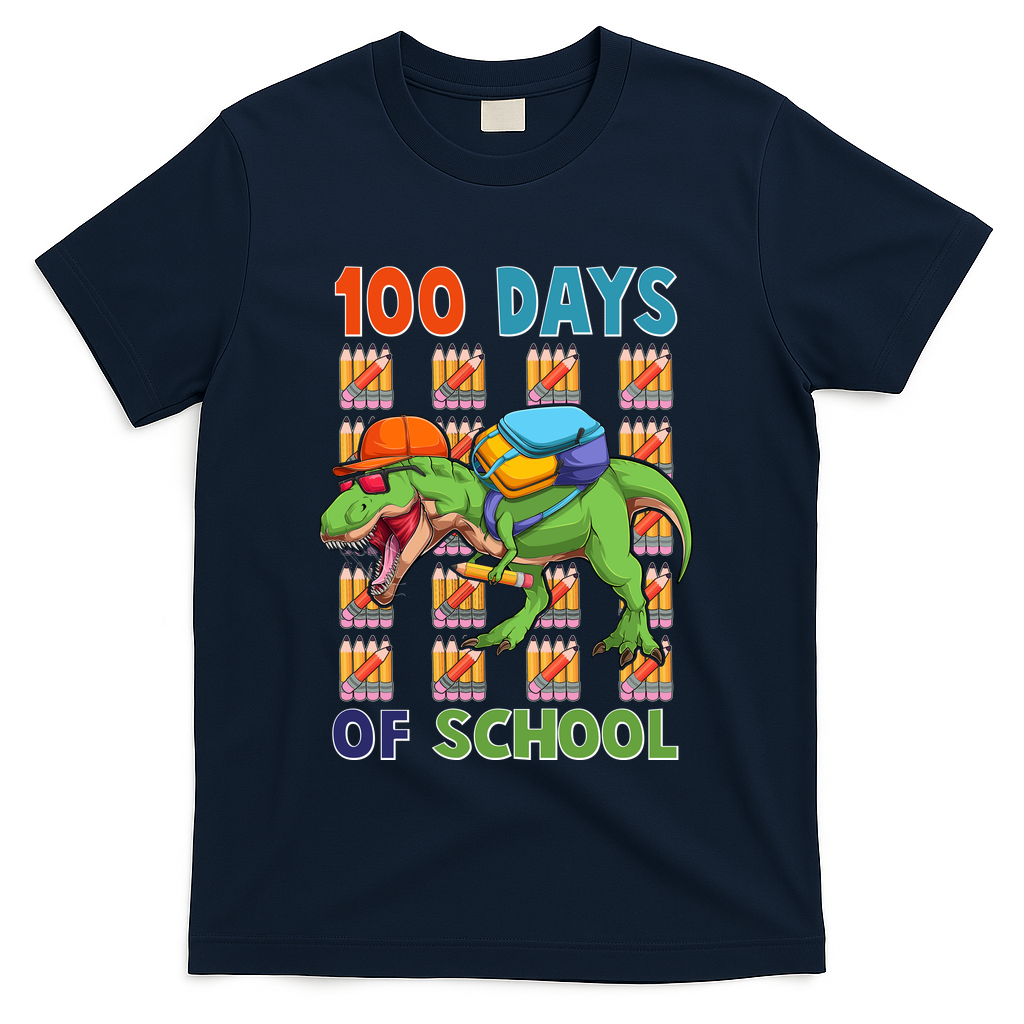 Funny 100 Days Of School Trex Dinosaur T-Shirt - Navy