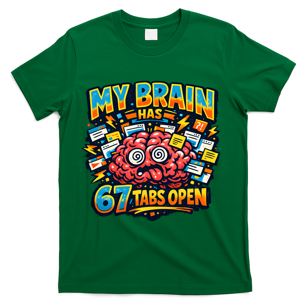 Funny ADHD Internet Humor My Brain Has 67 Tabs Open T-Shirt - Green