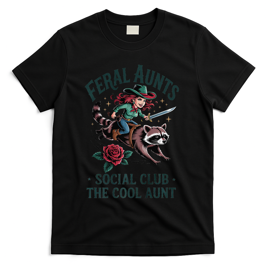 Feral Aunts Social Club The Cool Aunt Pregnancy Raccoon Gift T-Shirt - Black