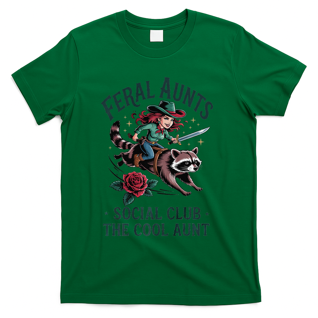 Feral Aunts Social Club The Cool Aunt Pregnancy Raccoon Gift T-Shirt - Green