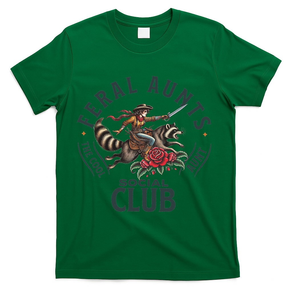 Feral Aunts Social Club The Cool Aunt Pregnancy Raccoon T-Shirt - Green