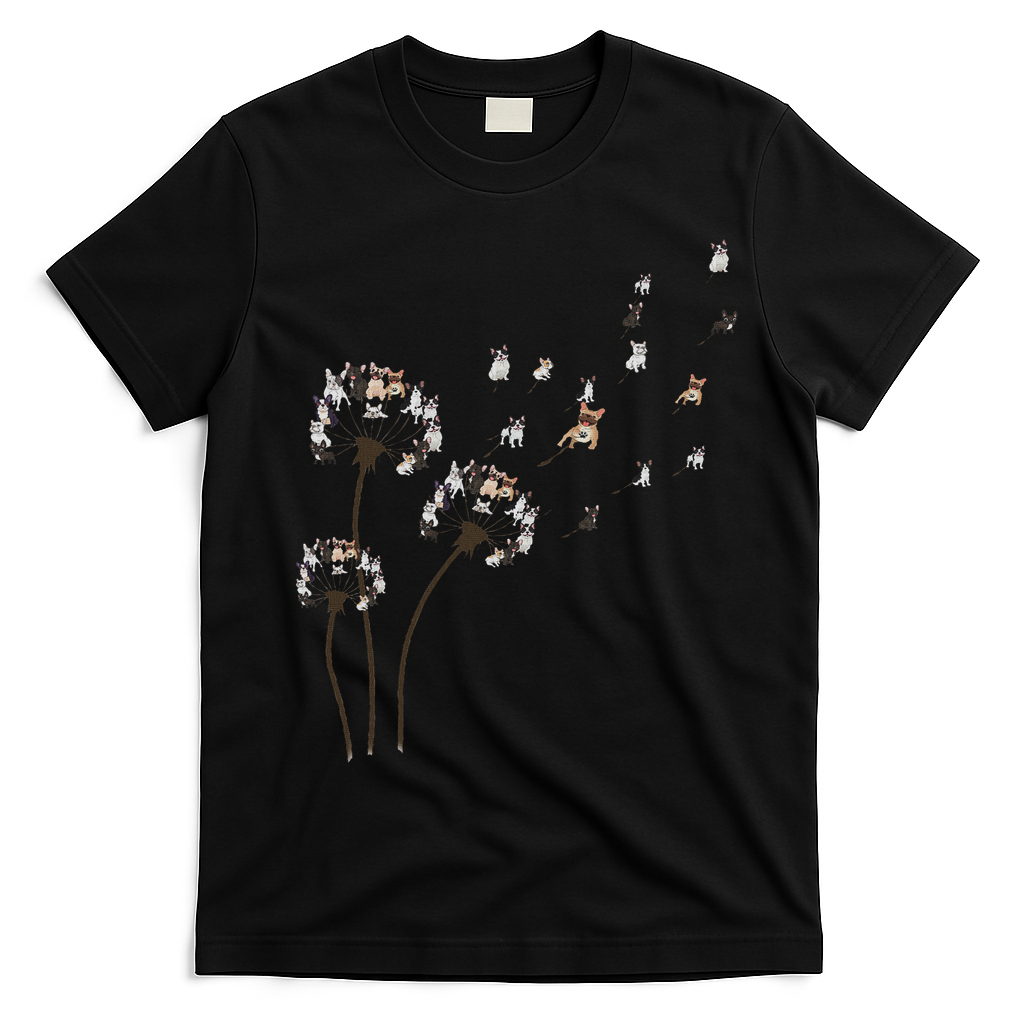 French Bulldog Flower Fly Dandelion Funny Dog Lovers T-Shirt - Black