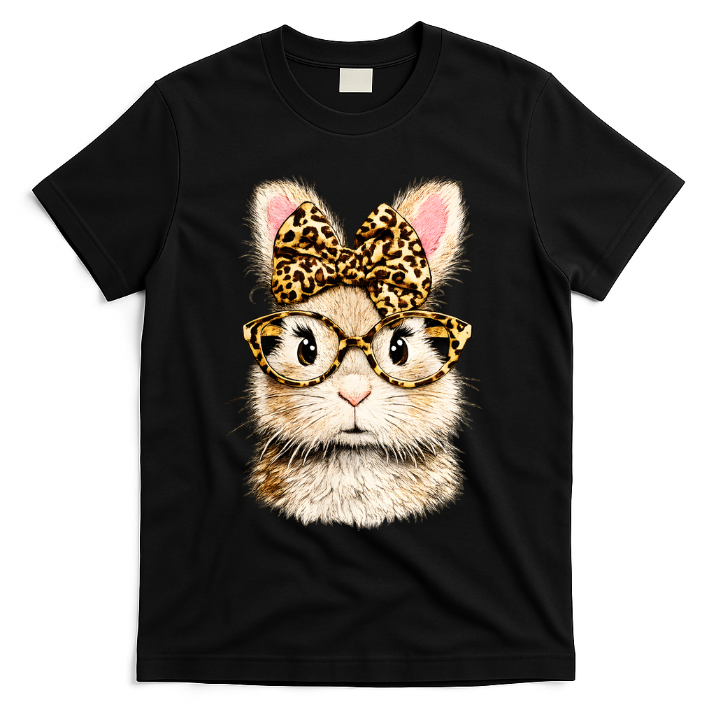 Funny Bunny Face Glasses Leopard Rabbit Easter T-Shirt - Black