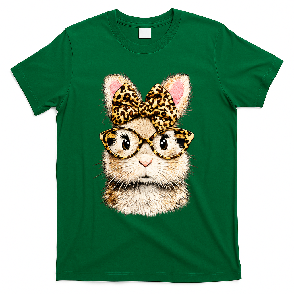 Funny Bunny Face Glasses Leopard Rabbit Easter T-Shirt - Green