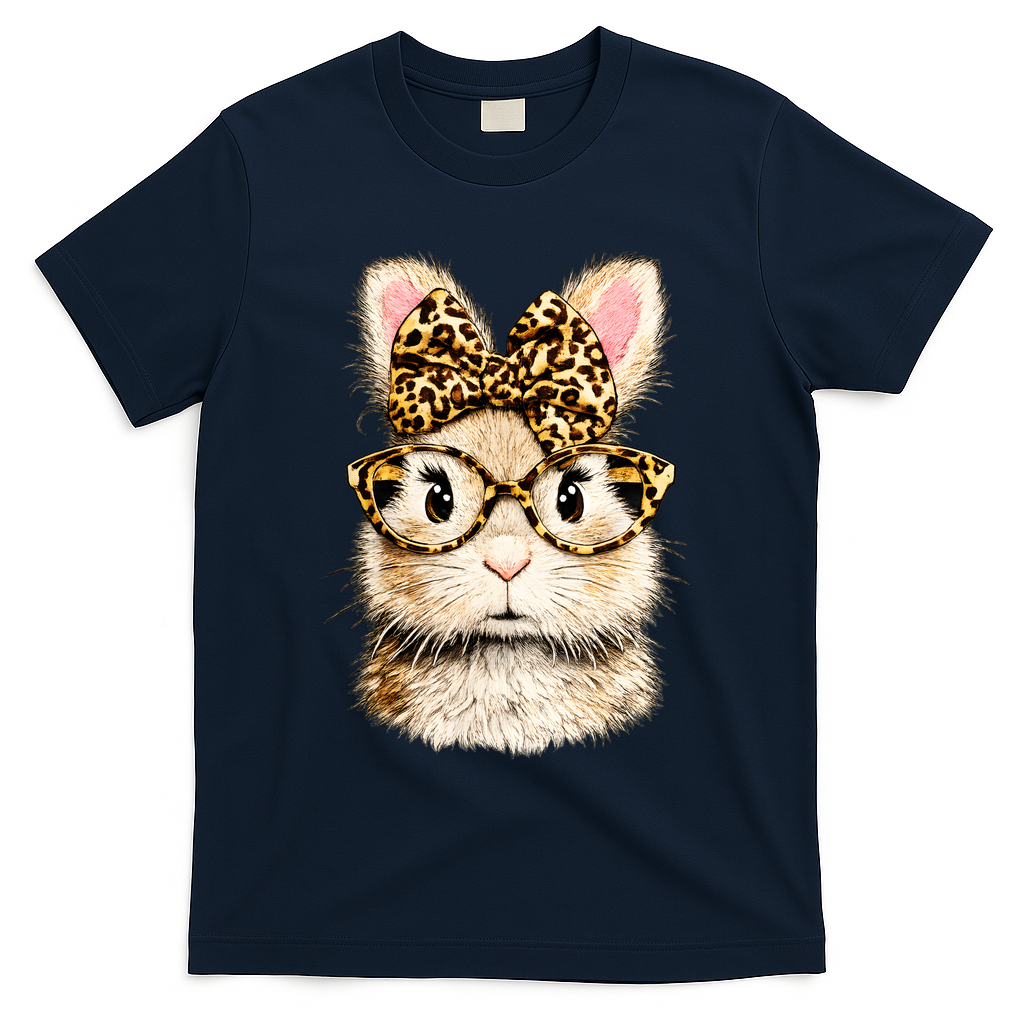 Funny Bunny Face Glasses Leopard Rabbit Easter T-Shirt - Navy