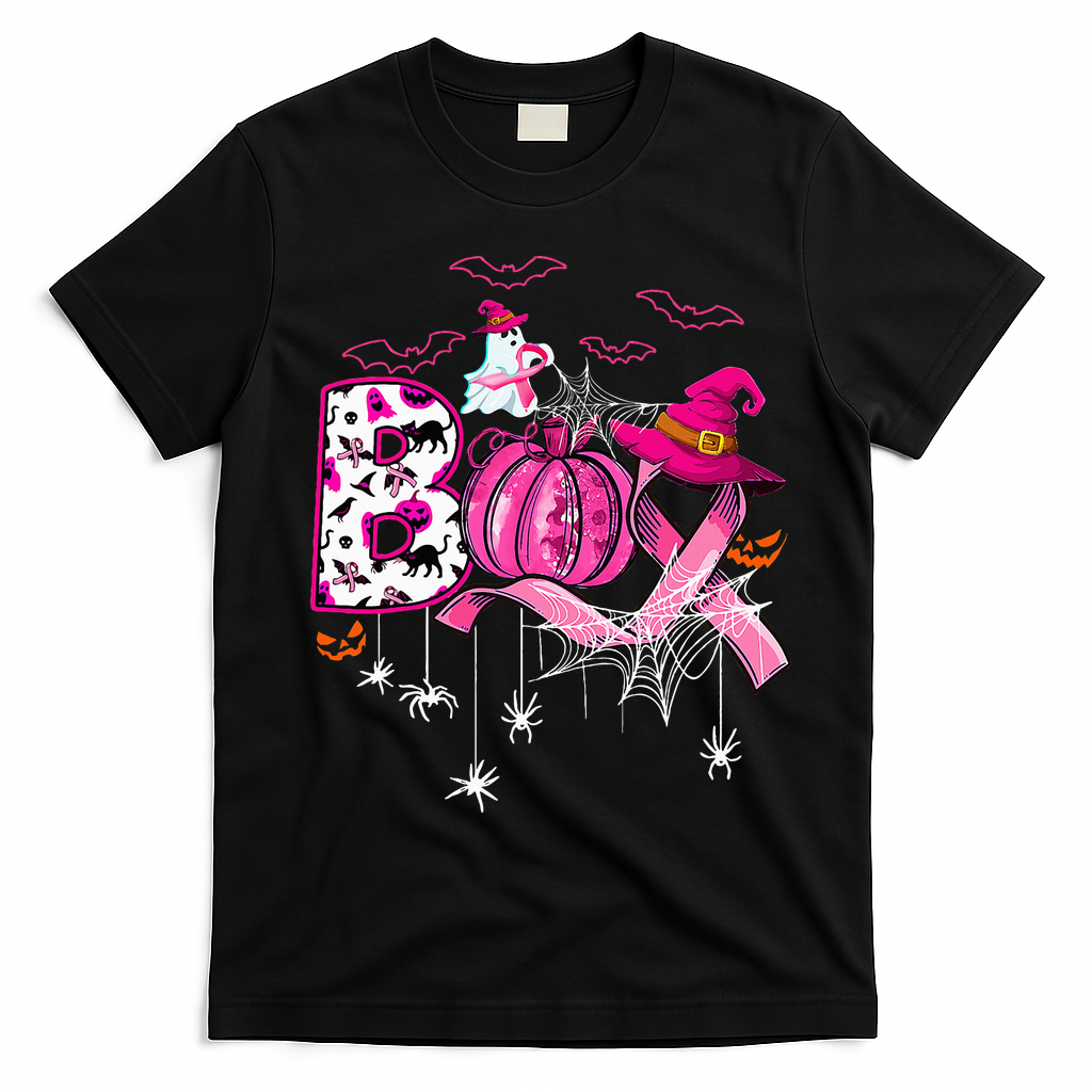 Funny Boo Pumpkin Witch Pink Ribbon Breast Cancer Halloween T-Shirt - Black