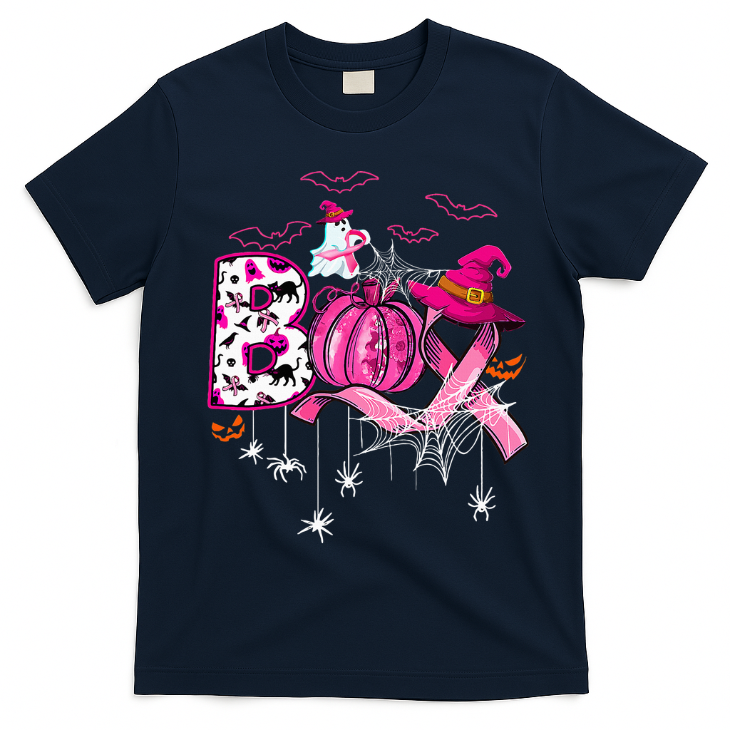 Funny Boo Pumpkin Witch Pink Ribbon Breast Cancer Halloween T-Shirt - Navy Blue