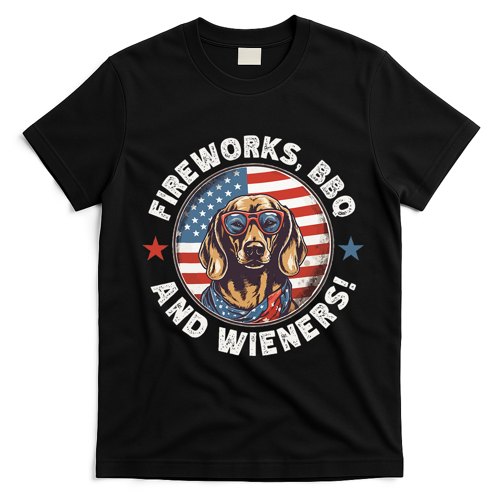 Fireworks BBQ & wieners Funny Weiner Dog July 4th Dachshund T-Shirt - Black