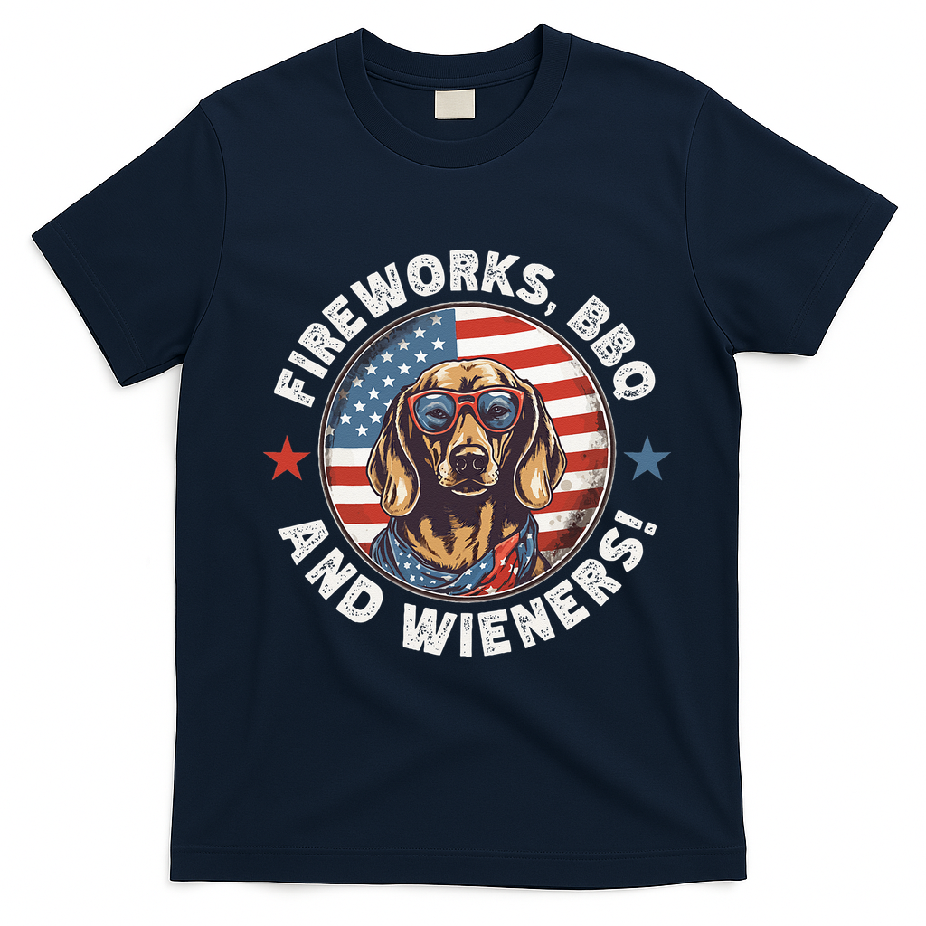 Fireworks BBQ & wieners Funny Weiner Dog July 4th Dachshund T-Shirt - Navy Blue