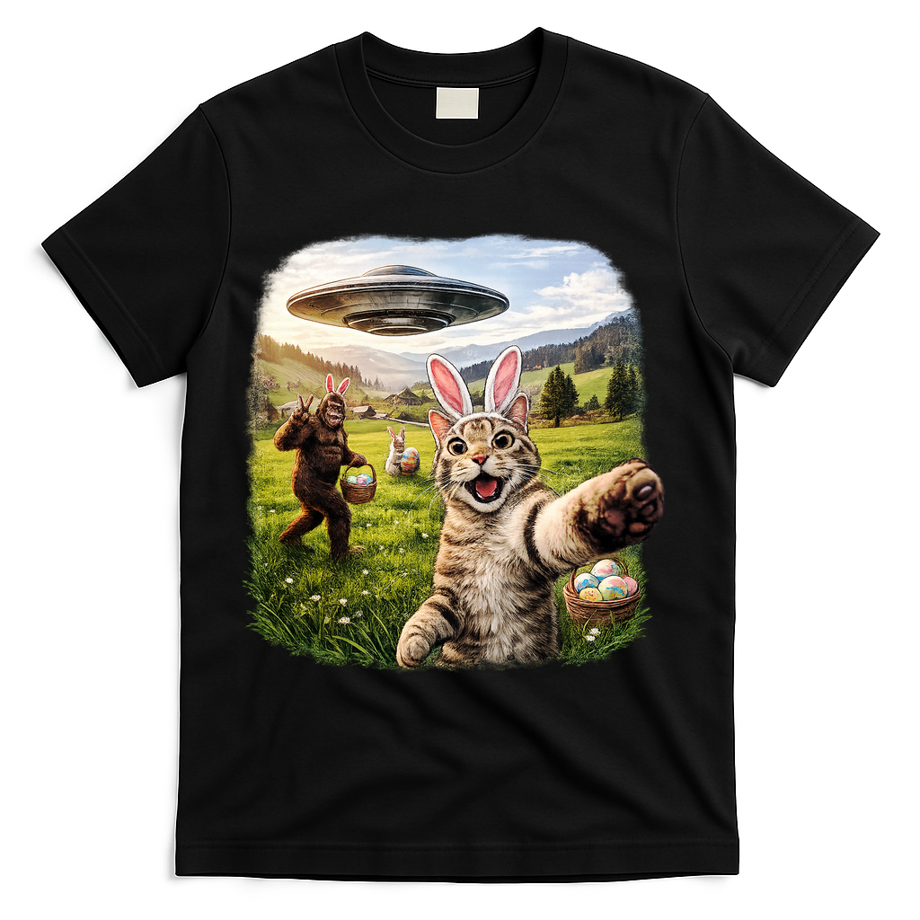 Funny Cat Selfie Easter Bunny Bigfoot UFO T-Shirt - Black