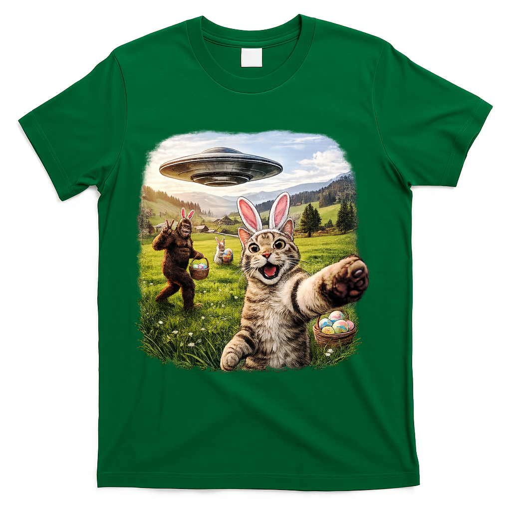 Funny Cat Selfie Easter Bunny Bigfoot UFO T-Shirt - Green