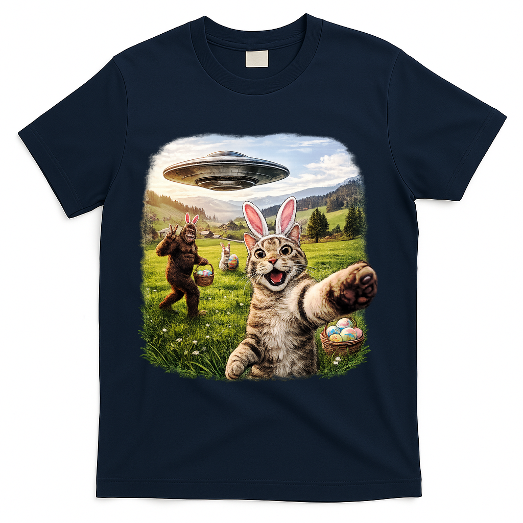 Funny Cat Selfie Easter Bunny Bigfoot UFO T-Shirt - Navy