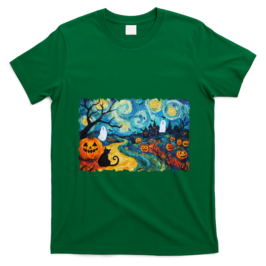 Funny Classic Van Gogh Inspired Halloween Scene T-Shirt - Irish Green
