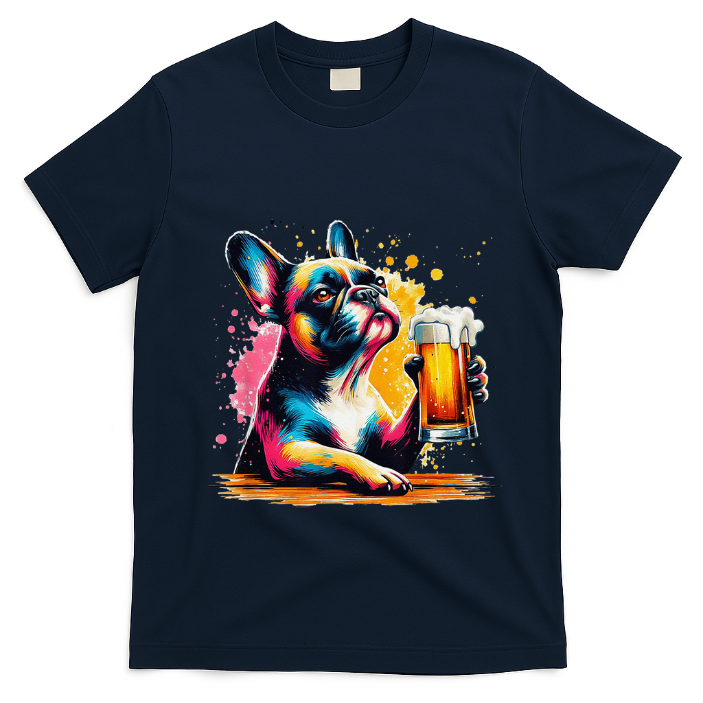 French Dog Beer Drinker Funny French Bulldog T-Shirt - Navy Blue