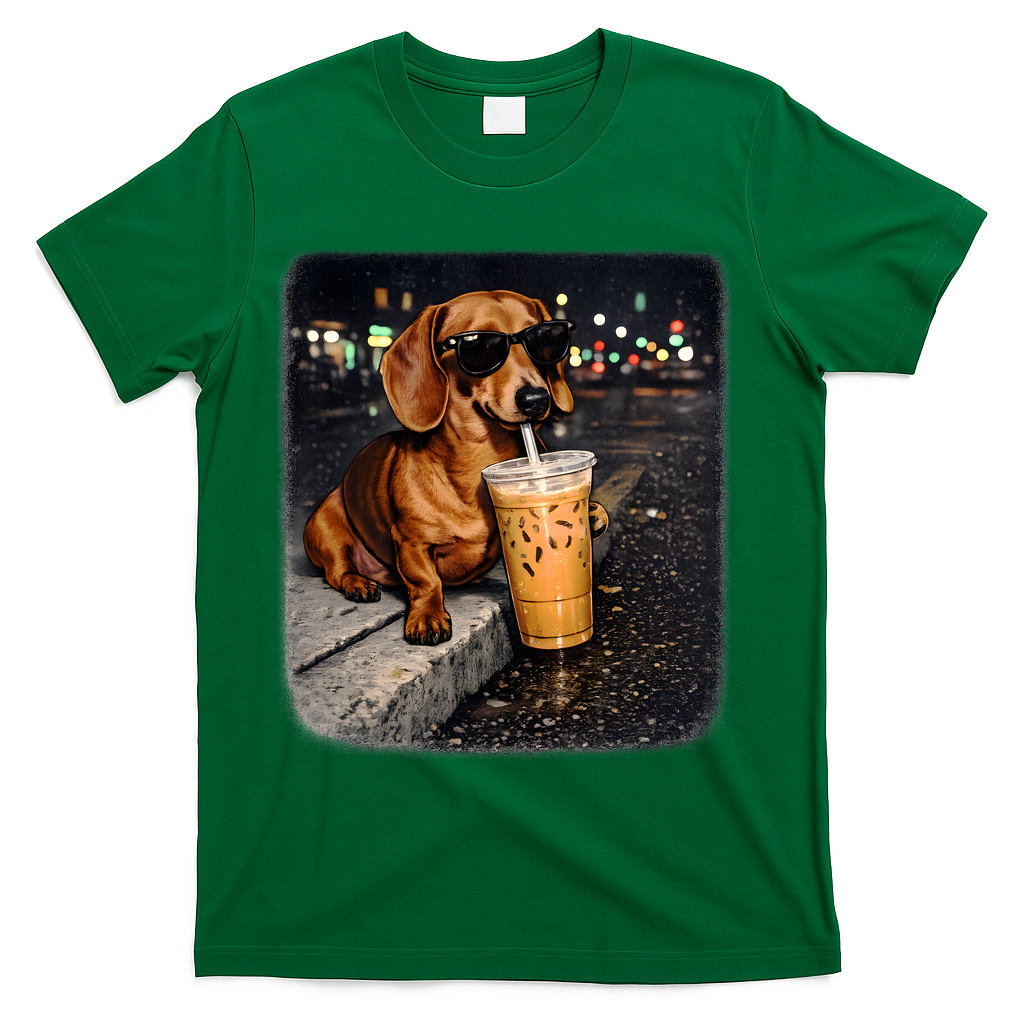 Funny Dachshund Drinking Iced Coffee T-Shirt - Green
