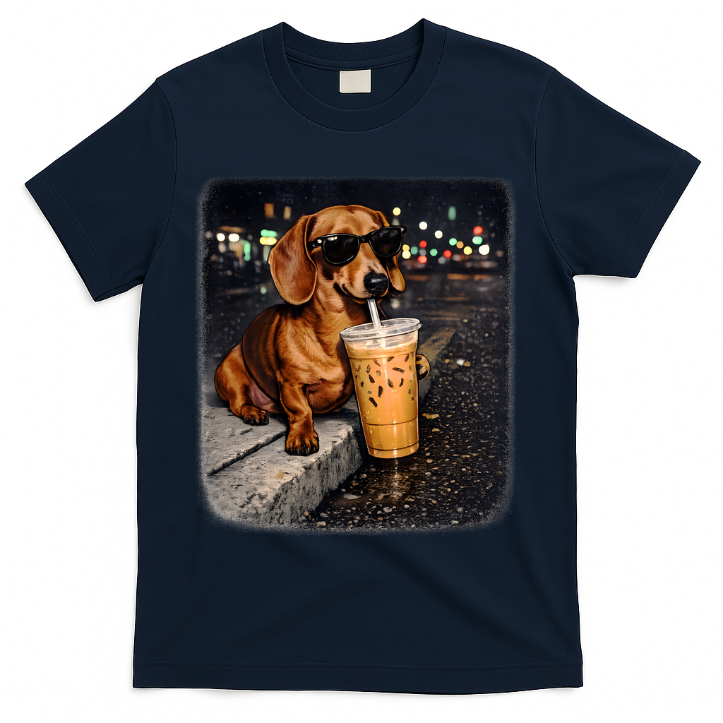 Funny Dachshund Drinking Iced Coffee T-Shirt - Navy