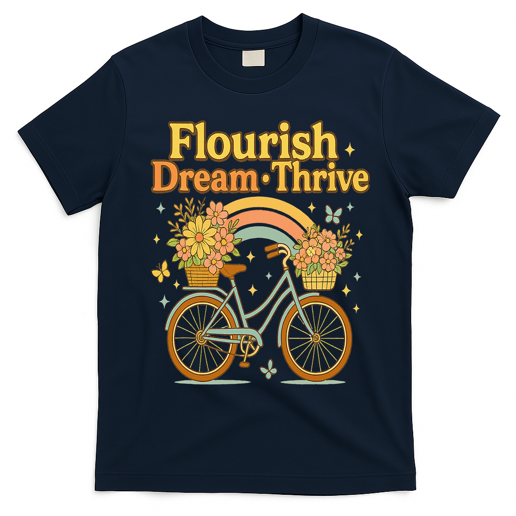 Flourish Dream Thrive Floral Bike Subtle 8647 Trump Resist  T-Shirt - Navy Blue